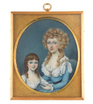 A Mother and Daughter, the former seated and wearing, blue dress, black belt with gem set buckle, white fichu dressed with pearls, blonde hair worn in the à la conseilleur style and dressed with a strand of pearls; the latter standing with her arm in her