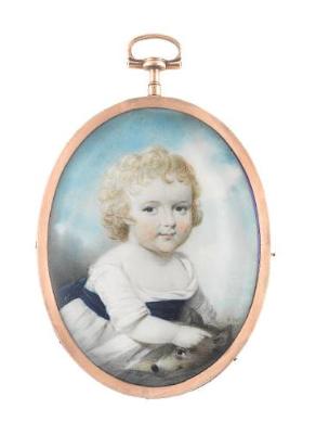 The Reverend J.H.P. Blackburne as a child, wearing white dress and blue sash, stroking a small dog.