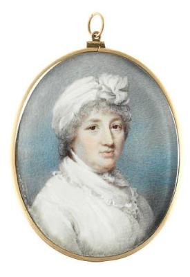 Mrs Heath, wearing white dress, fichu, neck tie and turban