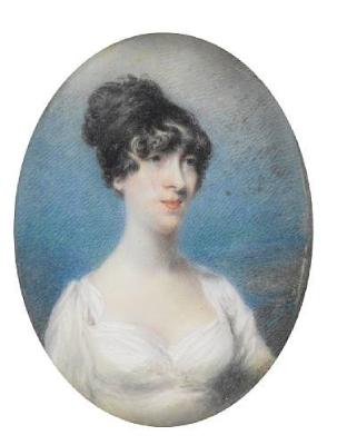 A pair of portraits of Ann Pilgrim, wearing black coat over open white chemise; and Eliza Elcock, wearing white dress