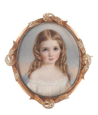 Edith Jane Woods as a young girl, wearing white dress with lace trim and blue ribbons at her shoulders, her blonde hair parted and long in loose curls.