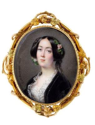 A Lady, wearing black dress with white lace trim, white slip with lace trim, her raven hair parted and dressed with small pink roses and black and gold ribbon. by Cecile Villeneuve - Auction record, sale price, and art valuation. Compare with similar artists and explore comparable artworks.
