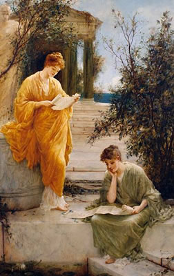 Classical women reading by a temple