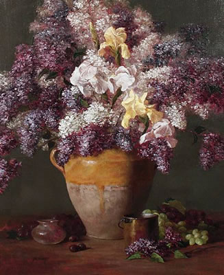 Lilacs with white and yellow iris