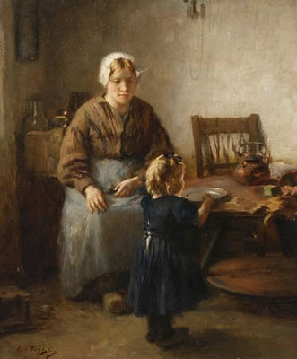 Mother and child in a kitchen interior