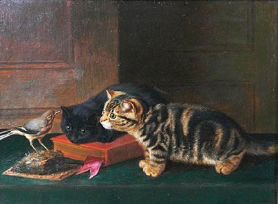 Two curious kittens and a chaffinch