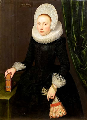 Portrait of Susan Hoste, three-quarter-length, in black costume with a white ruff and a lace cap, holding gloves and standing before a green curtain