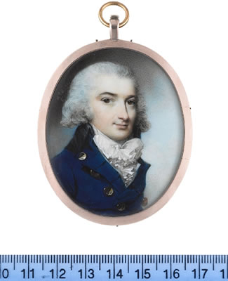 A Gentleman, wearing blue coat with black collar and large buttons, white waistcoat, frilled chemise, stock and cravat.