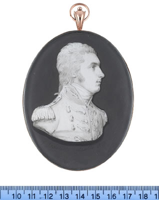 Lieutenant Colonel Matthew Merrick Shawe, bust-length, semi-profile to the right, wearing coat with lace to the button holes, epaulettes, stock, his hair tied with a ribbon bow.