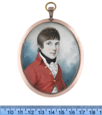 A Boy, wearing scarlet coat with gold buttons, white waistcoat with gold buttons, white frilled chemise and black stock.