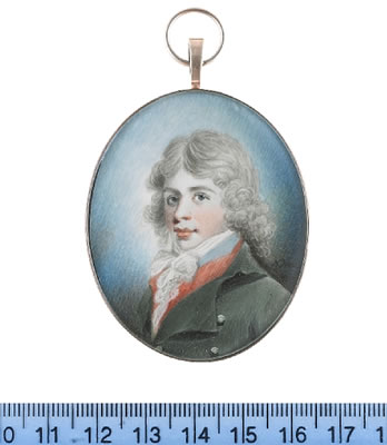 A young Gentleman, wearing green coat, red waistcoat and sky blue solitaire, white chemise, lace cravat and stock, his hair powdered. by Nathaniel Freese - Auction record, sale price, and art valuation. Compare with similar artists and explore comparable artworks.
