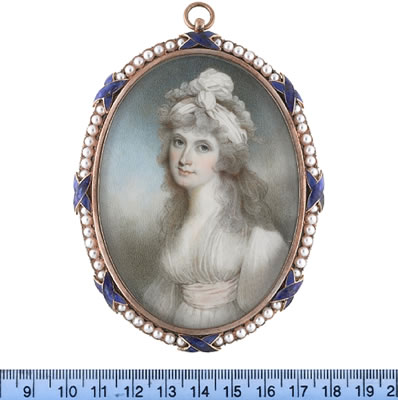 A Lady, wearing white dress, pink sash, her powdered hair worn à la conseilleur and dressed with a white turban.