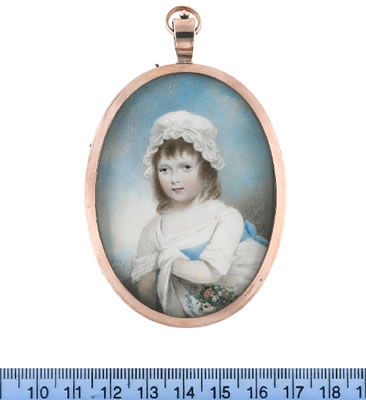 Harriet Blackburne (b.1794), wearing white dress, sky blue sash and white bonnet, a posy of flowers in her pinafore, which she holds to her chest with