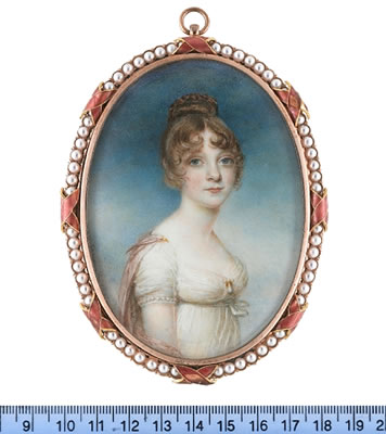 A Lady, wearing white dress with a strand of pearls to the trim of her sleeve, a gold and pearl pendent brooch at her corsage, pink stole fastened at her shoulders with a gold brooch pin, her hair upswept and held in place with a tortoiseshell comb. by William Grimaldi - Auction record, sale price, and art valuation. Compare with similar artists and explore comparable artworks.