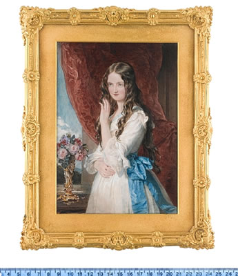 Lady Augusta Margaret Fitzclarence (1822-1846), standing in an interior and wearing white dress with pale blue trim to her décollage and blue sash, her hair worn loose, she stands before a window with crimson drapes, and ornate gilt vase of pink roses on