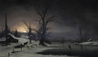 A winter scene with figures skating on a frozen river