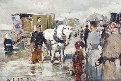 Figures and a bathing machine at the sea shore by Arthur Briet - Auction record, sale price, and art valuation. Compare with similar artists and explore comparable artworks.