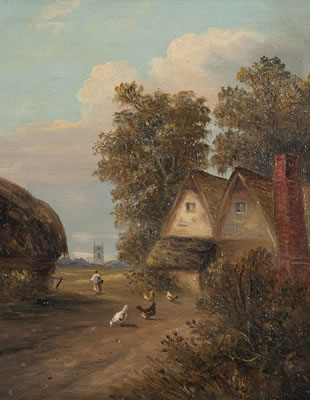Figure and chickens before cottages; Figures in a landscape