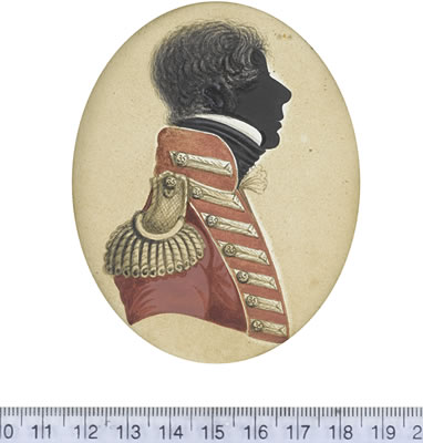A silhouette of an Officer of the 35th (Sussex) Regiment of Foot, profile to the right, wearing red coat with orange facings, pewter buttons, shoulder wing, and button-hole lace, the buttons stamped '35'.