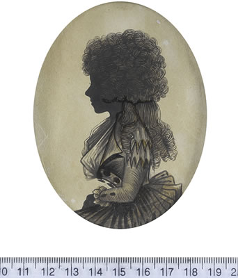 A silhouette of a young Lady, half-length, profile to the left, wearing riding jacket over dress with fichu, her hair worn in a banging chignon by Isabella Beetham - Auction record, sale price, and art valuation. Compare with similar artists and explore comparable artworks.