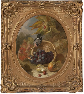 Autumn - A bullfinch on a basket with grapes, apples and sweet chestnuts (2)
