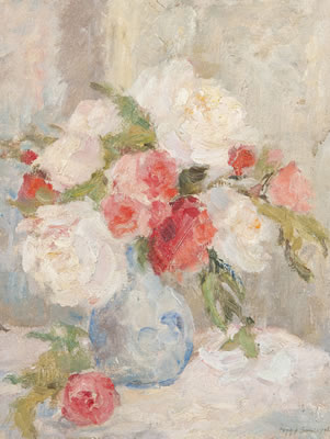 A still life of peonies and roses in a blue vase