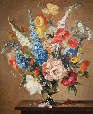 A still life of delphiniums, foxgloves, poppies and peonies in a glass vase