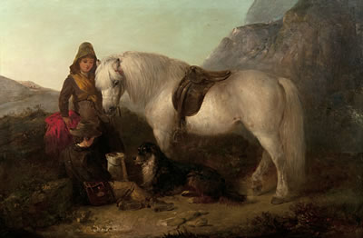 Girl and boy with a grey pony and a dog in an upland landscape