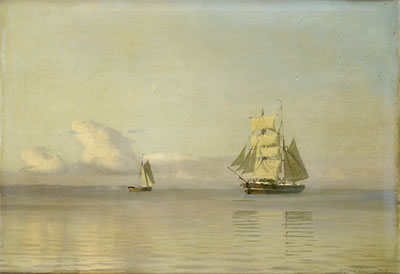 A brigantine almost becalmed in a faint breeze