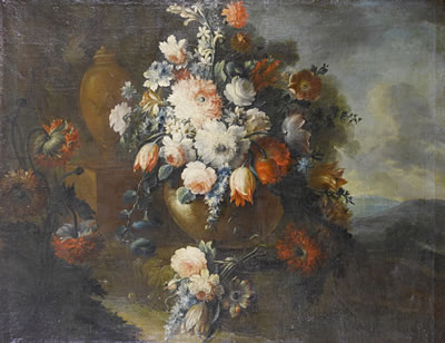 Roses, tulips, carnations and other flowers in a stone vase, beside another vase in a landscape; Poppies, convolvulus, roses and other flowers in a stone vase beside grapes and peaches amid carved stonework in a landscape by Michele Antonio Rapous - Auction record, sale price, and art valuation. Compare with similar artists and explore comparable artworks.