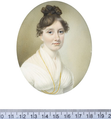 A Lady, wearing white dress and fill-in, a long gold necklace suspended from her neck, her hair upswept, the back elaborately plaited, the front parted and curled. by Thomas Richmond - Auction record, sale price, and art valuation. Compare with similar artists and explore comparable artworks.