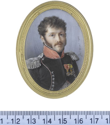 An Officer, wearing the uniform of the Chasseurs-à-Cheval, dark green jacket with red piping and standing collar, silver buttons and epaulettes, the Badge of the French Order of the Legion of Honour and a second Order on a yellow ribbon, white waistcoat, by Nicolas Jacques - Auction record, sale price, and art valuation. Compare with similar artists and explore comparable artworks.