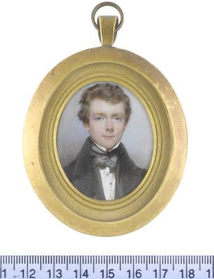 A Gentleman, wearing black coat and waistcoat with dark green collars, white chemise with gold buttons, dark green stock and tied cravat. by Frederick Cruickshank - Auction record, sale price, and art valuation. Compare with similar artists and explore comparable artworks.