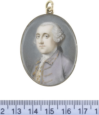 A Gentleman, wearing a lavendar coat and white waistcoat, both edged with gold embroidery and buttons, white stock and lace cravat, his powdered wig worn en queue and tied with a black ribbon bow. by Penelope Carwardine - Auction record, sale price, and art valuation. Compare with similar artists and explore comparable artworks.