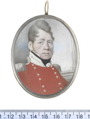 An Officer, wearing red double-breasted coat with silver buttons and epaulettes, cream standing collar, white frilled chemise and black stock. by Alexander Gallaway - Auction record, sale price, and art valuation. Compare with similar artists and explore comparable artworks.