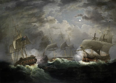 The Night Action - H.M.S. Indefatigable engaging Les Droits de l'Homme, with H.M.S. Amazon, off Ushant, 13th-14th January 1797 by John Lynn - Auction record, sale price, and art valuation. Compare with similar artists and explore comparable artworks.