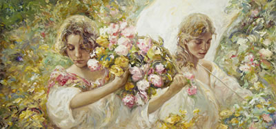 Two young women with a basket of flowers and a parasol