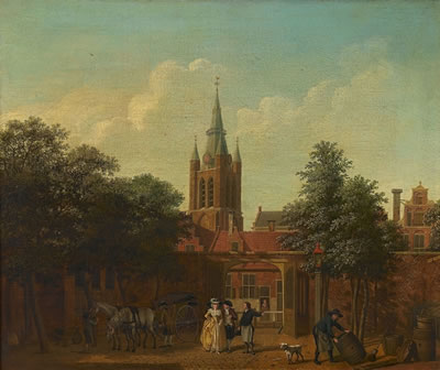 A courtyard in Delft with the Oude Kerk beyond