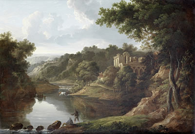 A wooded landscape with fishermen in the foreground, horses watering before a waterfall and a ruined gothic building beyond