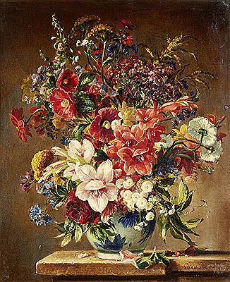 Still life of flowers in a blue and white vase