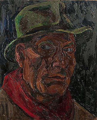Portrait of Colin Moss: Self portrait in de-mob hat