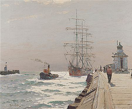 Tall ship and tug off Gorleston Pier by Rowland Fisher - Auction record, sale price, and art valuation. Compare with similar artists and explore comparable artworks.