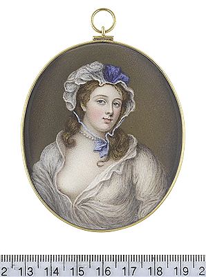 A Lady, wearing open white linen chemise, a strand of pearls about her neck, her brown hair worn loose beneath a white lace mob cap dressed with blue ribbon and fastened beneath her chin by William Bate - Auction record, sale price, and art valuation. Compare with similar artists and explore comparable artworks.
