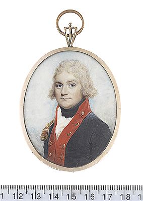 An Officer, wearing dark blue coat with scarlet facings, gold epaulette, white chemise and frilled cravat, black stock, his hair powdered by Henry Jacob Birch - Auction record, sale price, and art valuation. Compare with similar artists and explore comparable artworks.