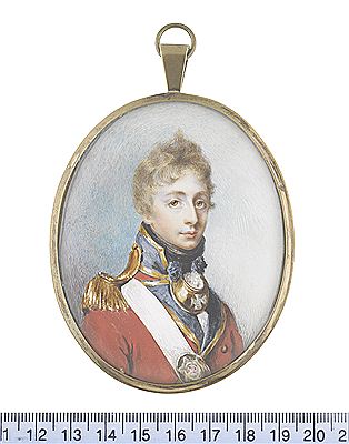 An Officer, wearing red coat with blue facings edged with gold