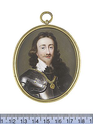A rare portrait miniature by the artist portraying Charles I (1600-1649), King of England, Scotland and Ireland (1625-1649), wearing breast plate and 