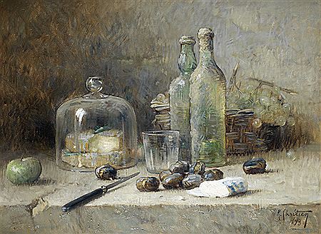 Still life of fruit, wine and cheese