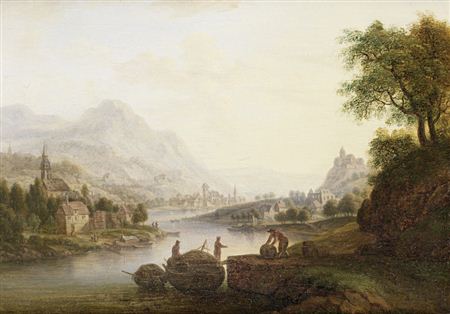 A Rhenish river landscape with figures crossing a bridge, a town in the distance; and A Rhenish river landscape with figures loading a barge (pair)
