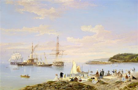 A squadron of Her Majesty's ships - old and new - lying in Asia Pass, Plymouth Sound, with spectators on The Hoe enjoying the spectacle and with Mount Edgcumbe looming up behind Drake's Island beyond