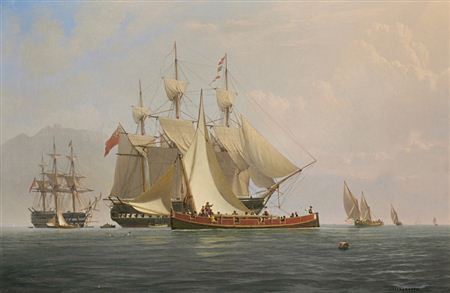 Ships of the Mediterranean fleet lying off the Maltese coast, with traditional local craft nearby